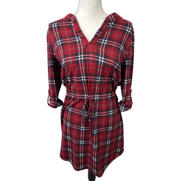 Lily Rose Red Plaid Hoodie Dress Women’s Size M Drawstring Waist Casual Tunic - Picture 1 of 8